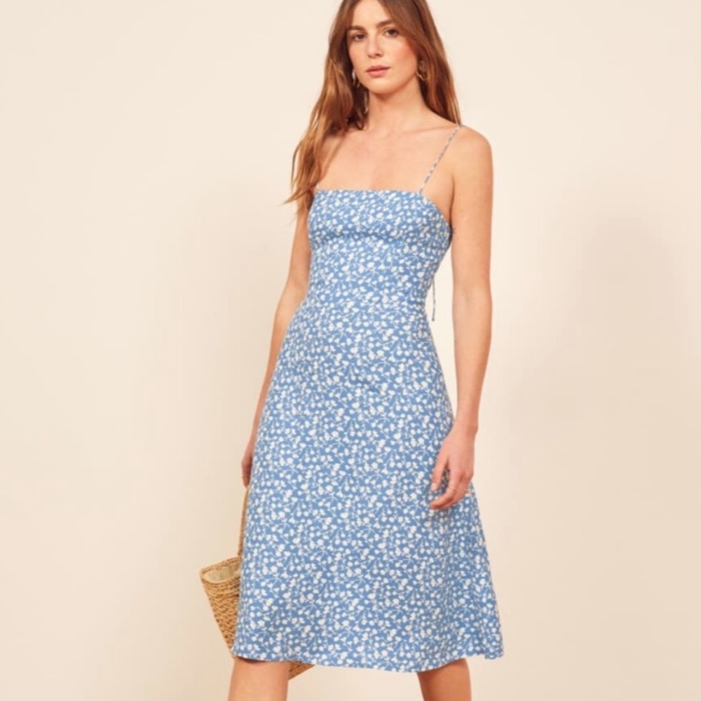 Reformation “Peach” dress in blue floral